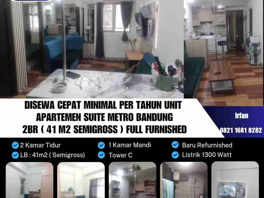Disewakan Cepat Unit 
Apartemen Suite Metro Bandung Tahunan
2 Kamar Tidur ( 41m2 Semigross ), full furnished. Baru Re Furnished Include IPL