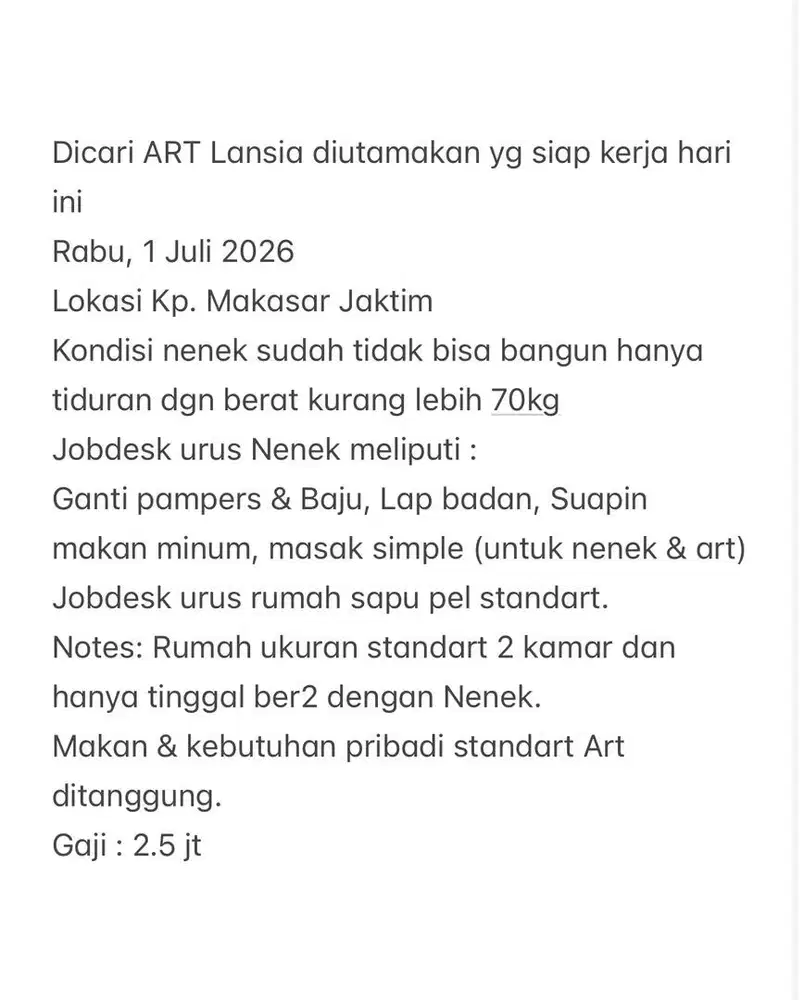 Dicari ART Lansia