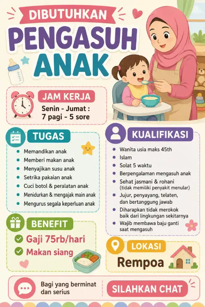 Dibutuhkan art momong pp pulang pergi pengasuh anak rempoa ciputat