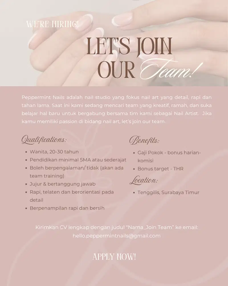 Lowongan Nail Artist / Beauty Therapist di Tenggilis Surabaya