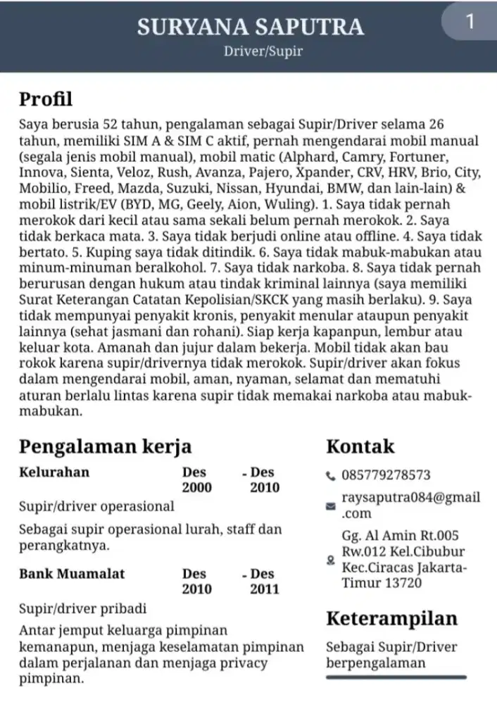 Saya mencari lowongan pekerjaan supir atau driver