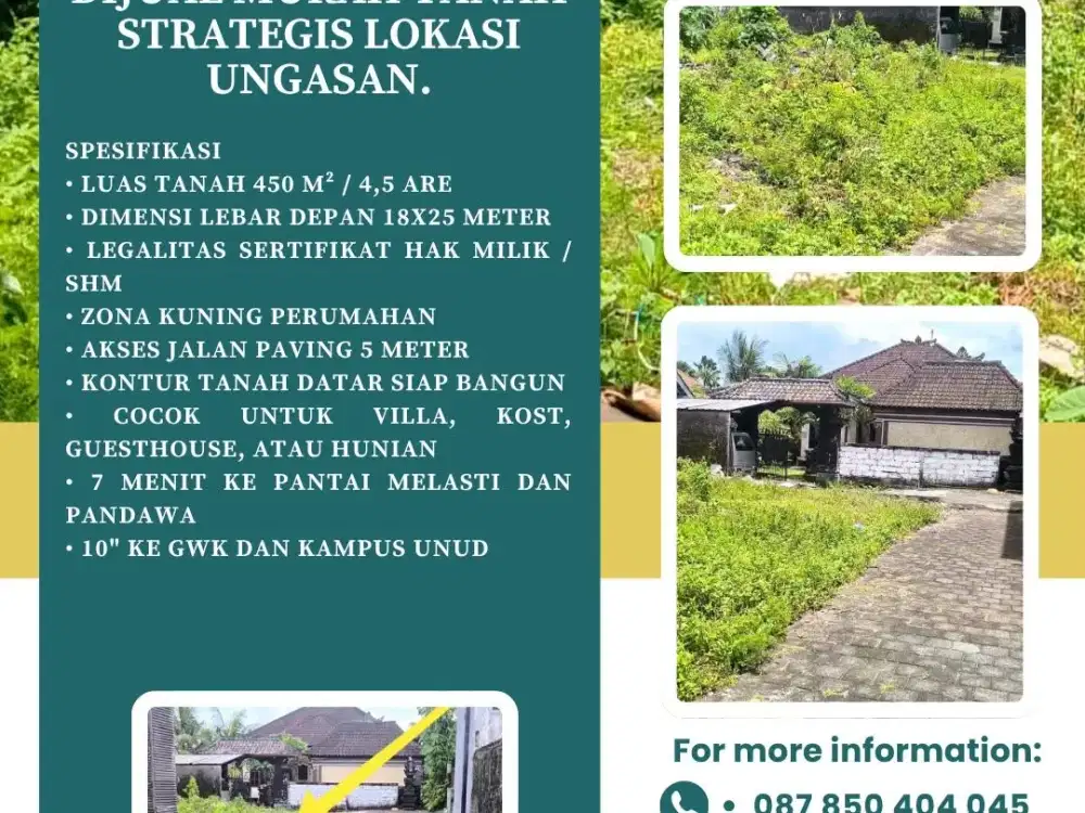 Dijual Murah Tanah Strategis Ungasan. Lokasi Hanya 20 meter dari Jalan Utama Goa Gong Ungasan, Kuta Selatan, Badung, Bali