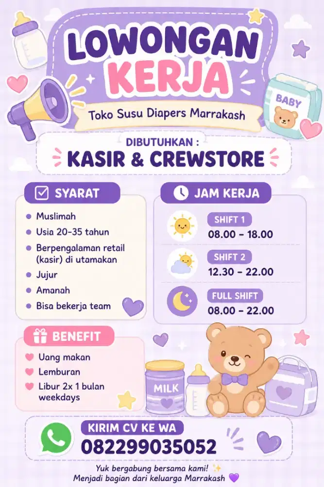 Dibutuhkan kasir dan crewstore baby shop