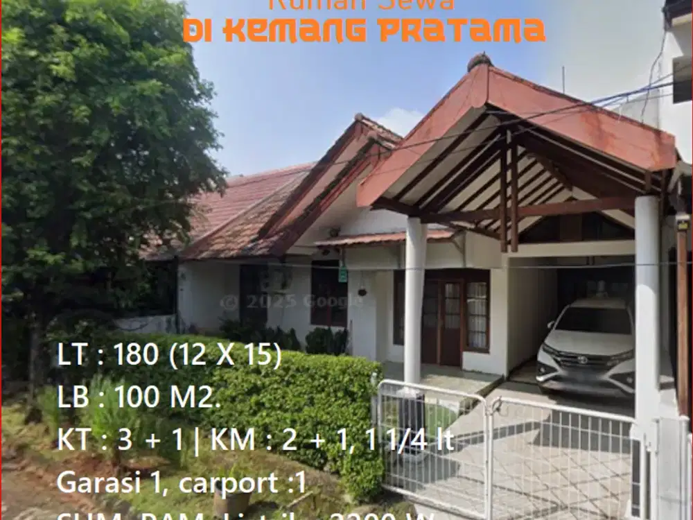 Rumah disewakan, LT: 128 (12X15), LB: 100M2, 1 1/4lt, Kemang Pratama, Bekasi