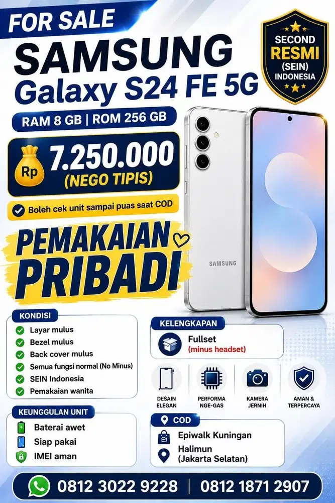 Samsung Galaxy S24 256GB Fullset Mulus Pemakaian Pribadi (wanita)