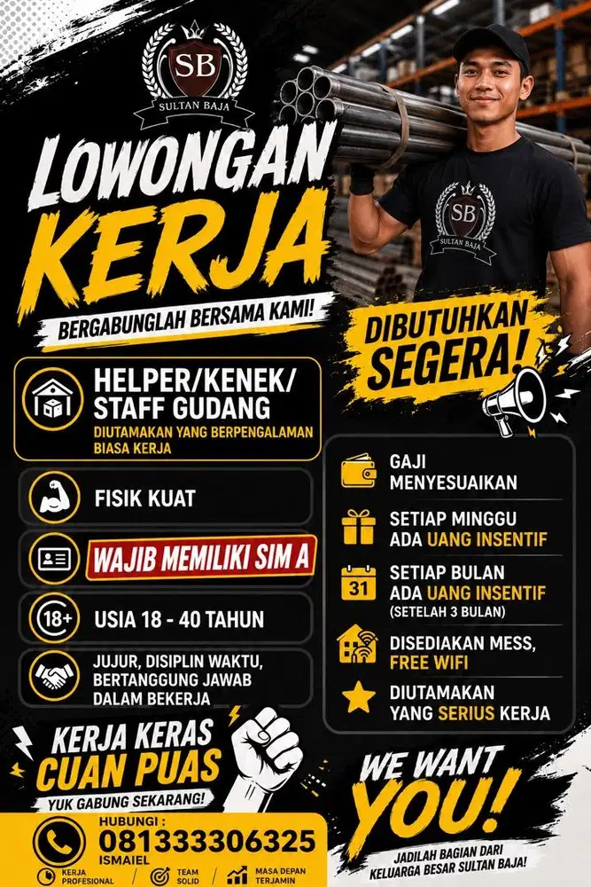 Lowongan kerja Helper/kenek toko besi