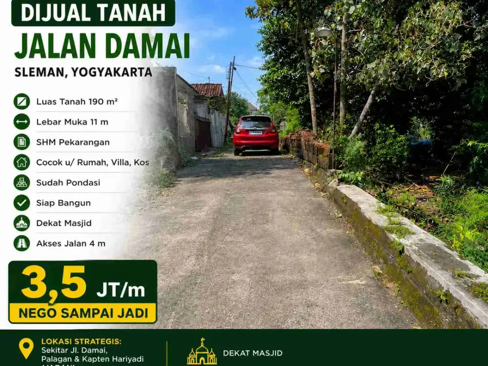DIJUAL TANAH PEKARANGAN SIAP BANGUN
JABAN – JALAN DAMAI, SLEMAN
190 m² | SHM | Lebar Depan 11 Meter