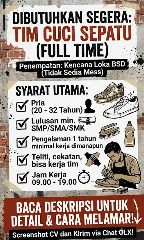 Lowongan kerja tim Shoe Laundry untuk Cuci Sepatu Bsd City Serpong
