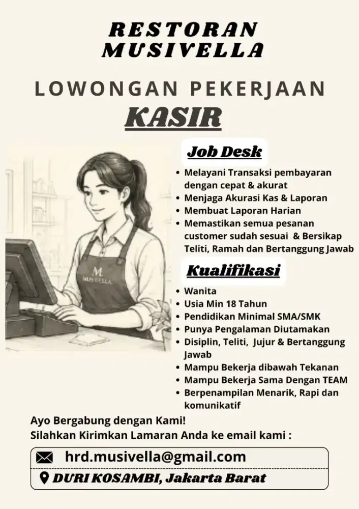 DI CARI KASIR YANG BERPENGALAMAN DAN MENARIK