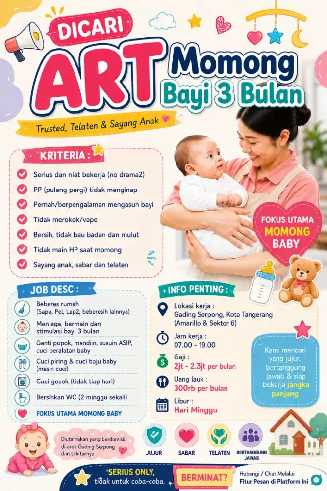 Dibutuhkan ART MOMONG Pulang Pergi