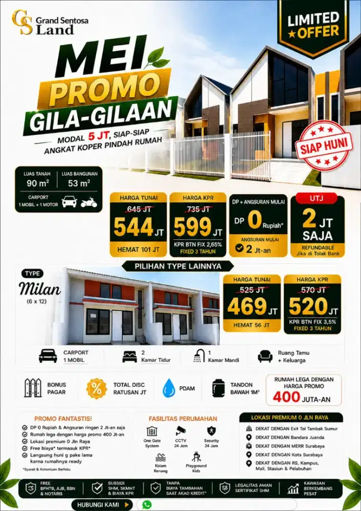 Rumah Subsidi DP ada pool, 20 menit ke tol dan juanda