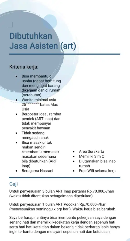 Dibutuhkan Asisten rumah tangga dan serabutan