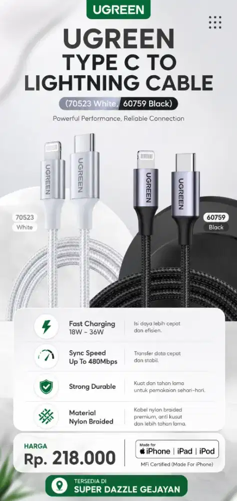 UGREEN C TO LIGHTNING CABLE MFI (70523, 60759)