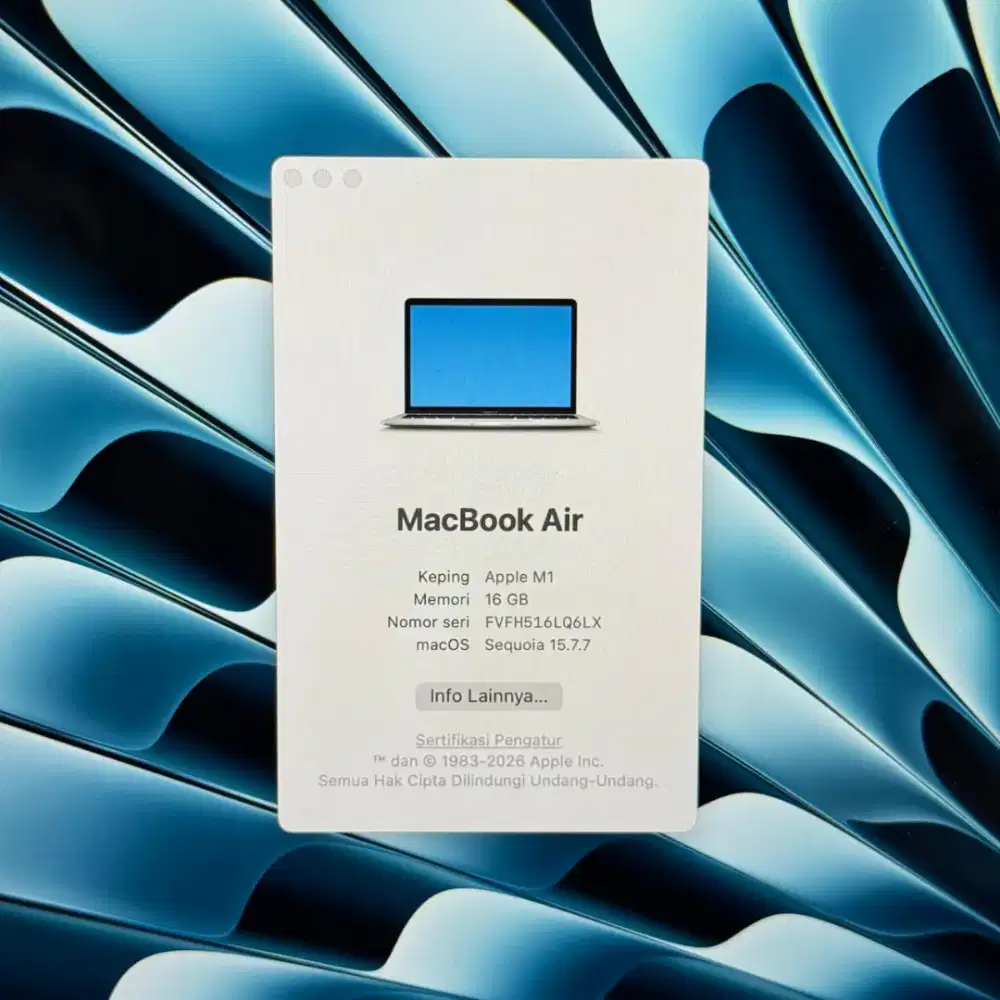 Macbook Air M1 Layar 13 Inch Ram 16 Ssd 512 lengkap full set Silver