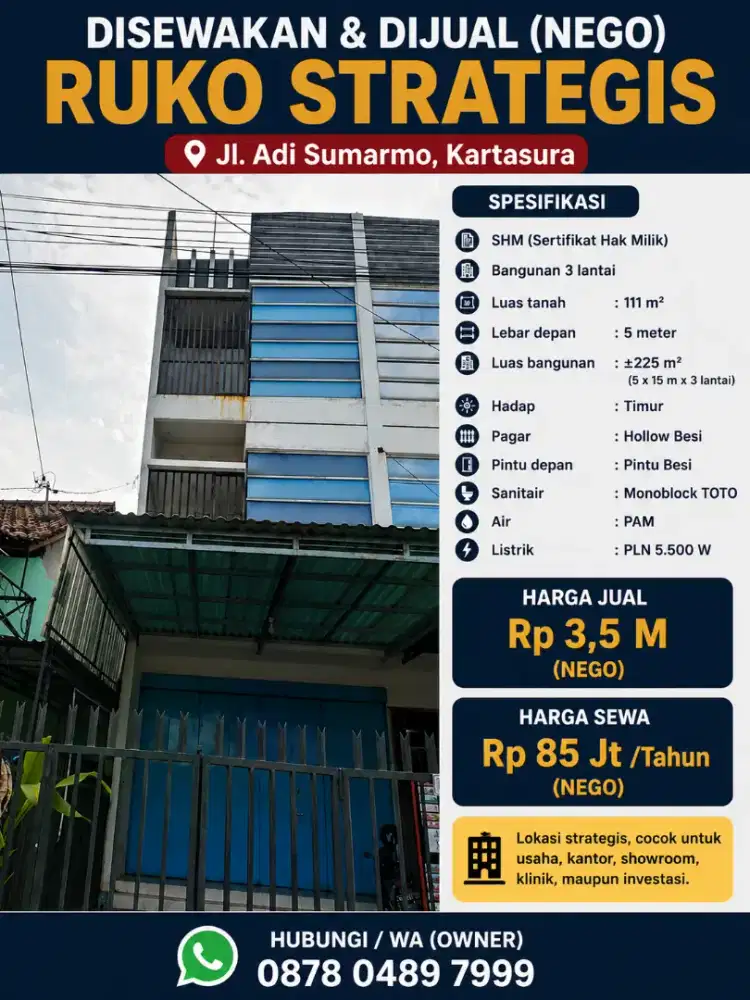Dijual/Disewakan Ruko 3 Lantai SHM Strategis Kartasura
