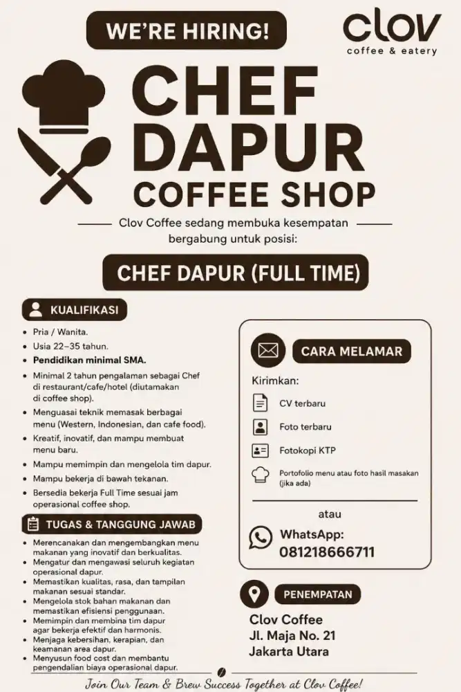 Lowongan Chef Dapur Coffee Shop