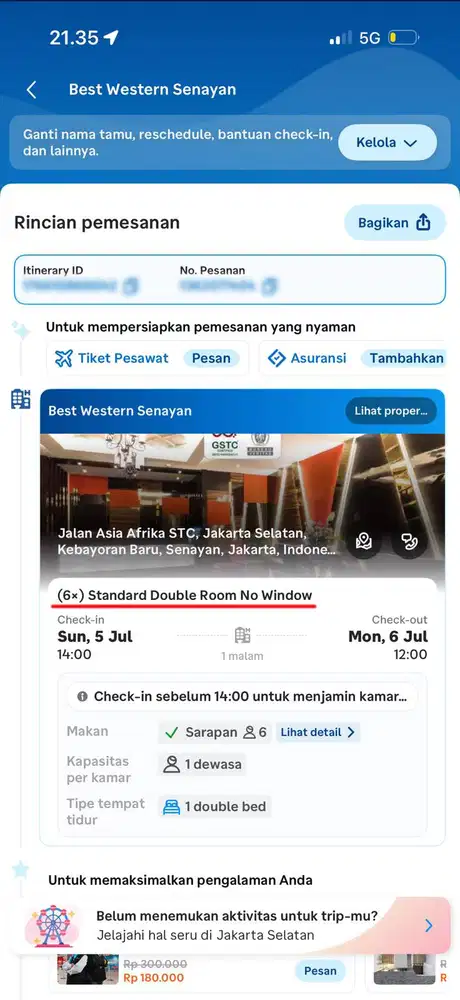 Jual BU Tiket Hotel 6 Kamar daerah senayan