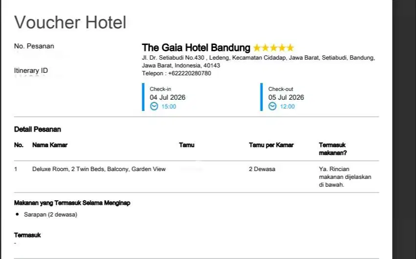 Jual Voucher hotel Gaia bintang 5 Bandung untuk tgl 4 Juli 2026