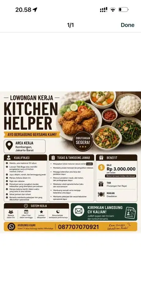 Dicari Segera Staff Kitchen Lulusan Tata Boga Wanita max usia 35th
