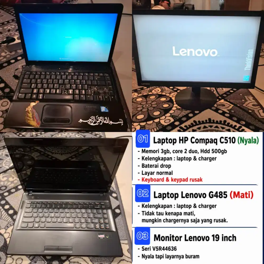 Laptop HP Compac 510, Lenovo G485, Monitor Lenovo 19 inch BORONGAN