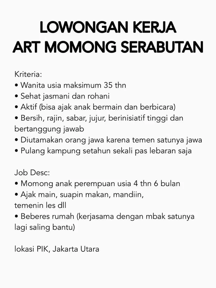 Loker ART momong serabutan (menginap)