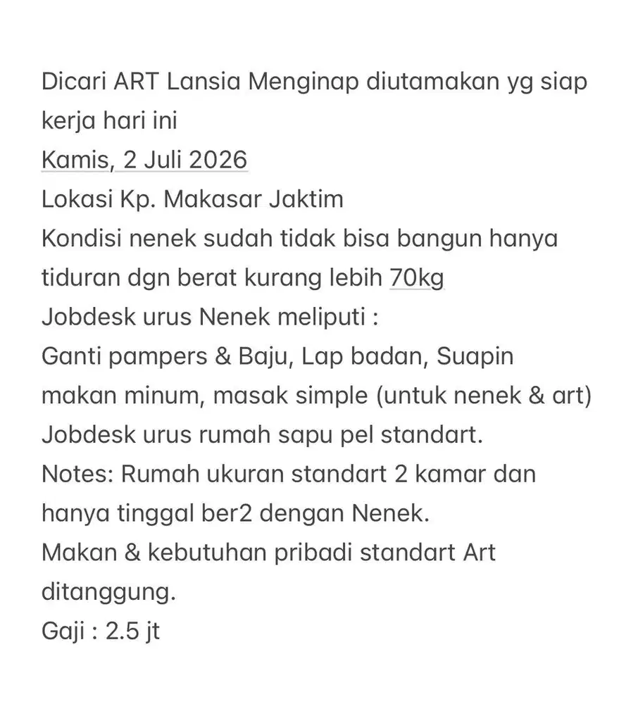 Dicari ART Lansia Menginap
