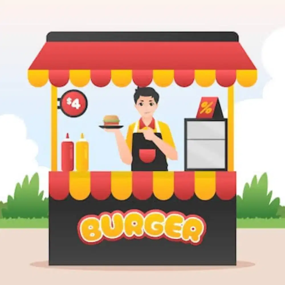 Jaga stand burger dan minum Harapan Jaya Bekasi
