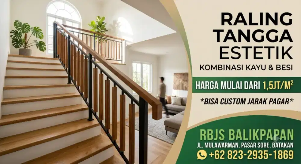 RAILING TANGGA BESI KOMBINASI KAYU