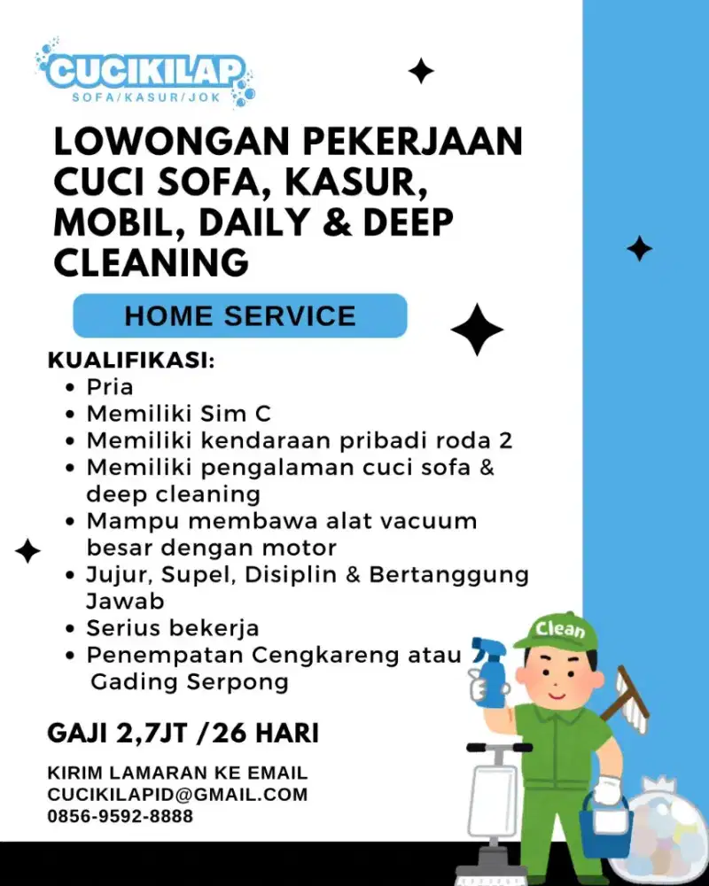 Dicari karyawan cuci sofa dan deep cleaning