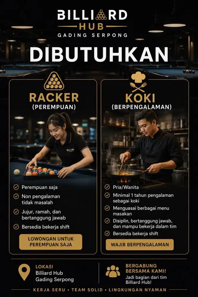 Lowongan Racker dan Koki di Billiard Hub