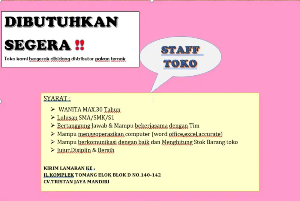 Staff adm Toko Pakan