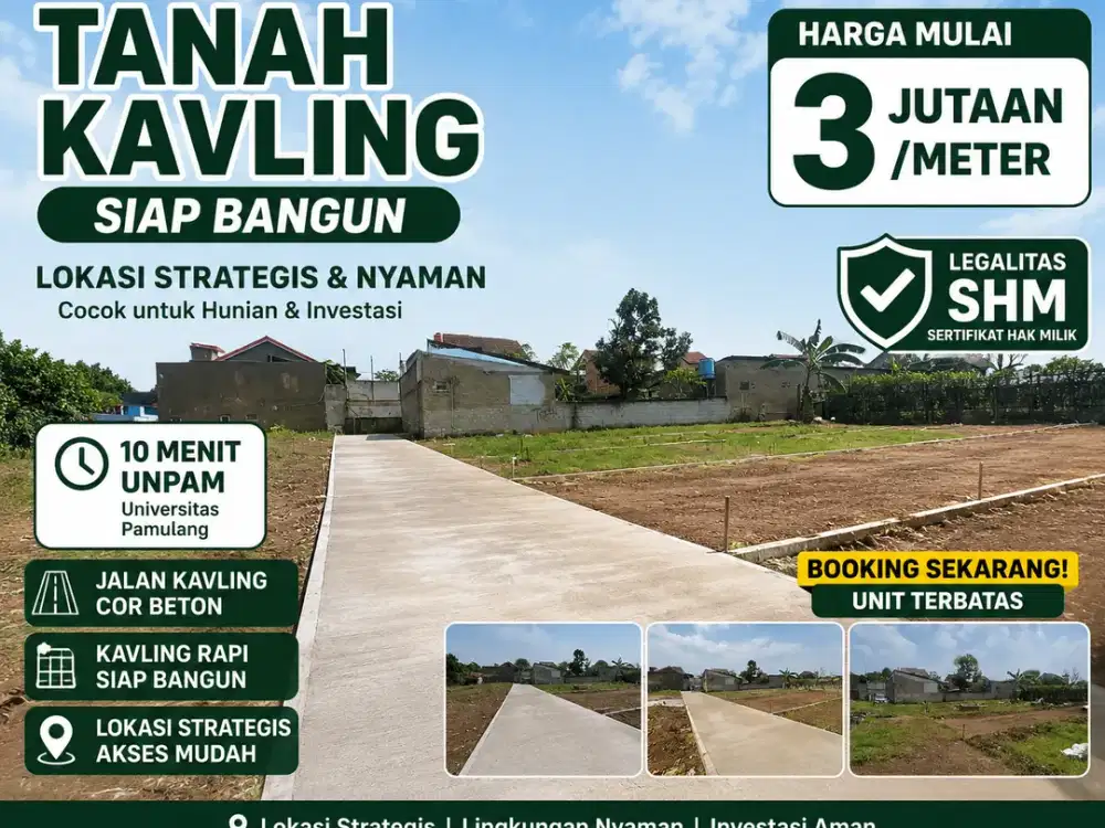 Promo Murah Cicilan 12x Flat Tanah Kavling Strategis 5 Menit Kantor Walikota Tangsel, SHM
