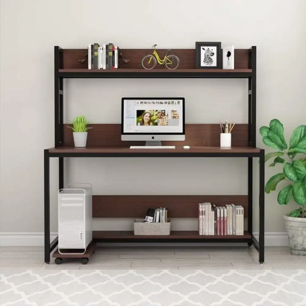Meja Kerja Industrial Modern dengan Rak Atas 120x60 cm