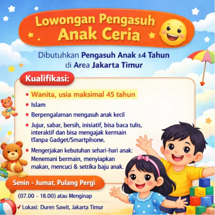 Dicari pengasuh Anak Umur 4 Tahun - Duren Sawit, Jakarta Timur