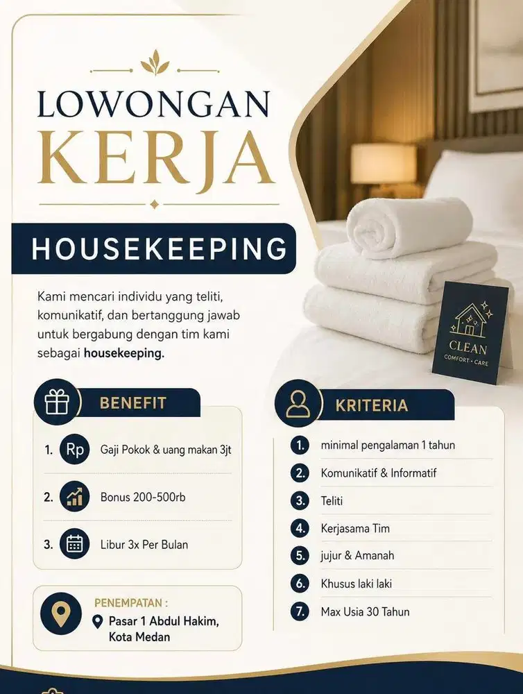Dicari housekeeping berpengalaman