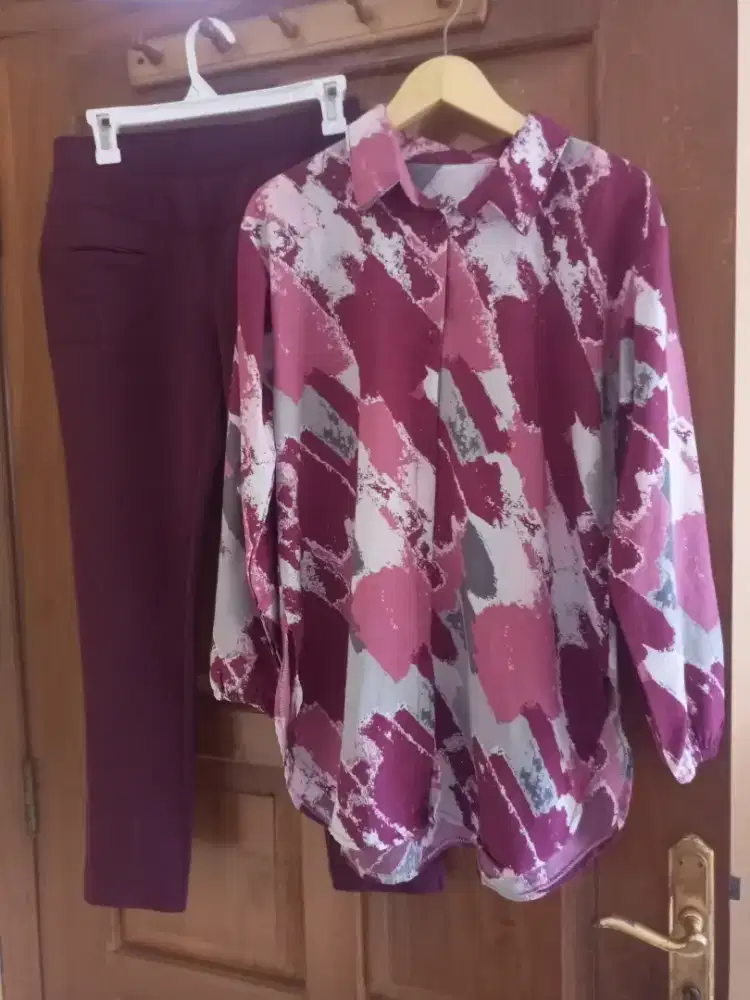 Sale 1 set baju blouse wanita dan celana merah maroon murah aja bagus