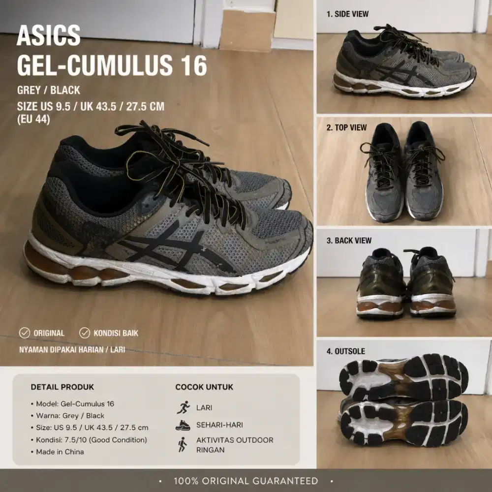 ASICS Gel-Cumulus 16 Ori Grey/Black - Size US 9.5 / UK 43.5  / 27.5 cm