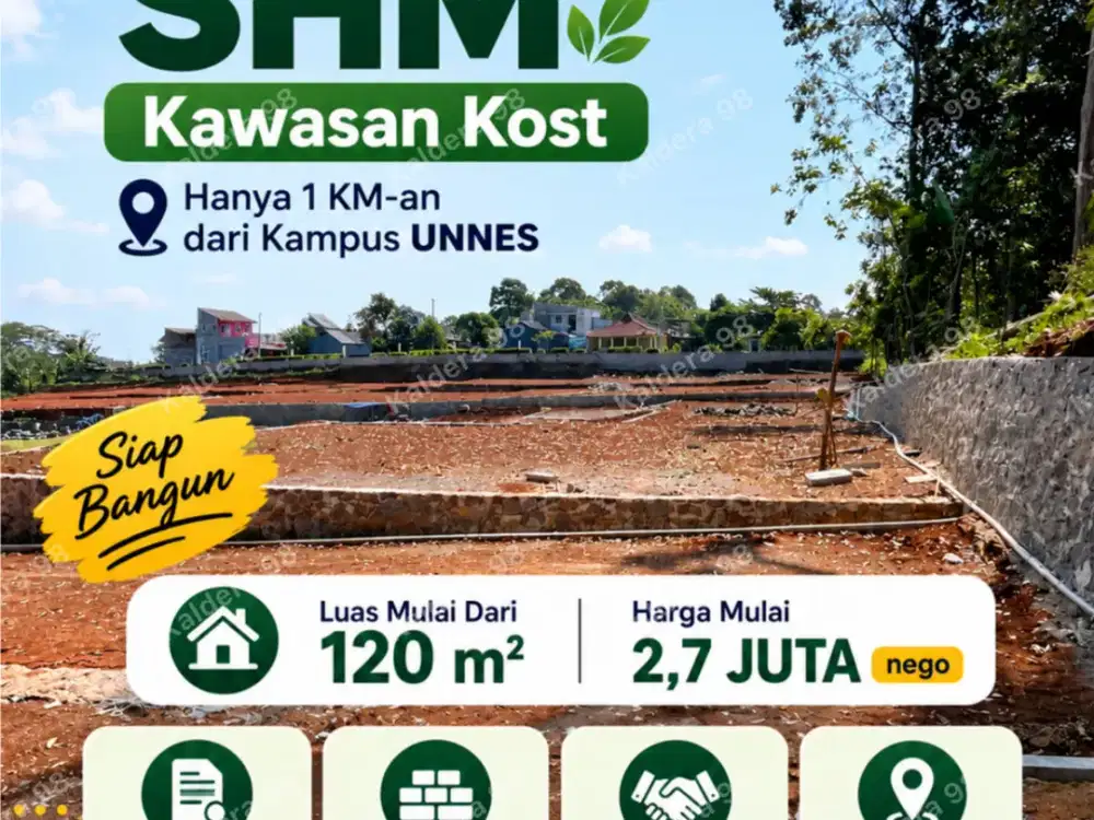 Dijual Kavling Siap Bangun SHM, Kawasan Kost Hanya 1 KM-an Dari UNNES Luas Mulai 120 Harga 2,7 j/m2 nego