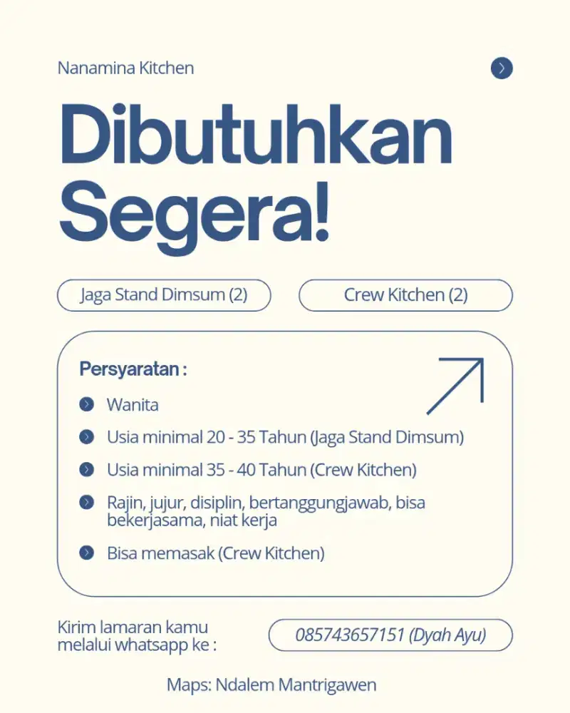 Dibutuhkan segera Jaga stand dimsum & crew kitchen