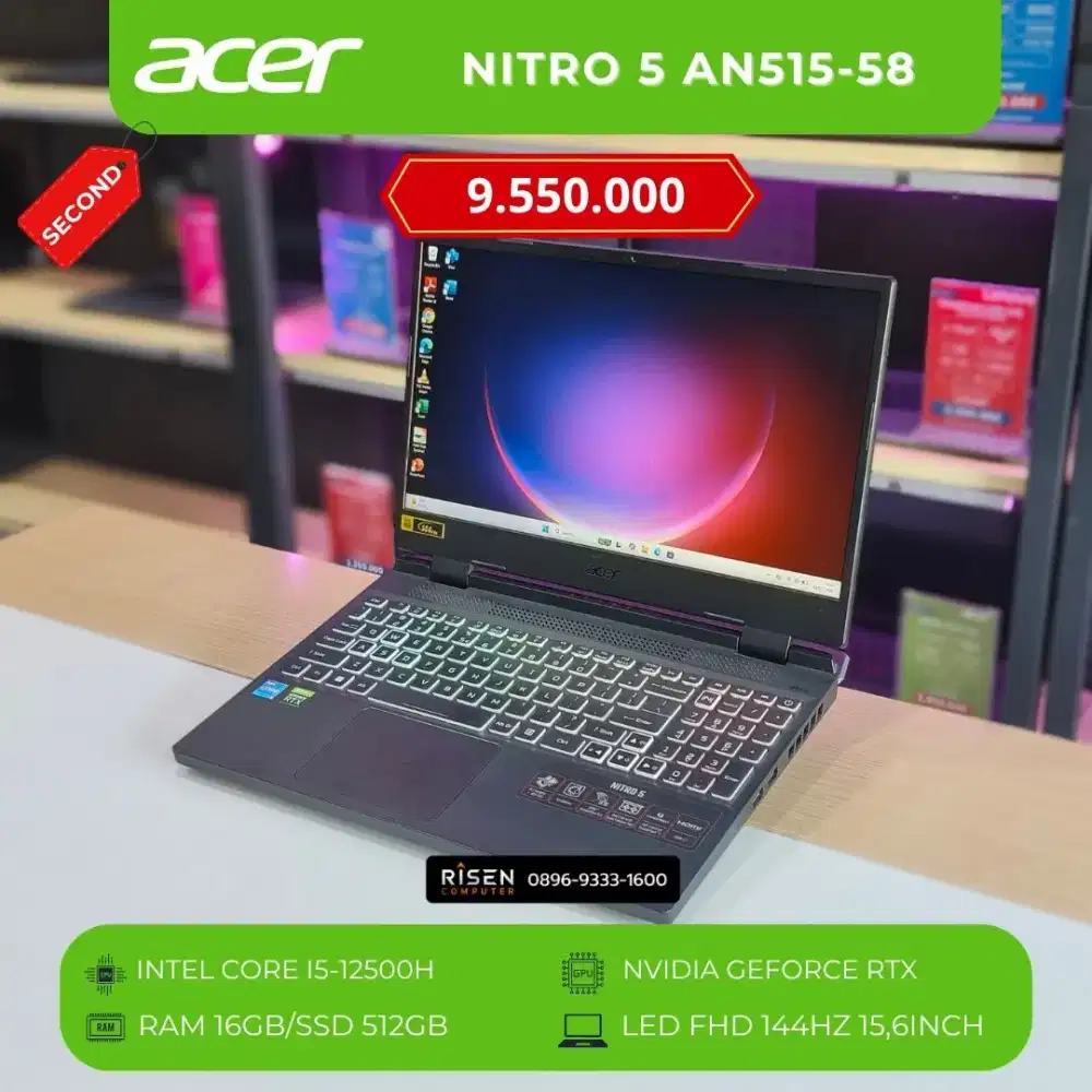 ACER NITRO 5 AN515-58 I5-12500H RAM 16GB SSD 512GB FHD 15.6inch Bekas