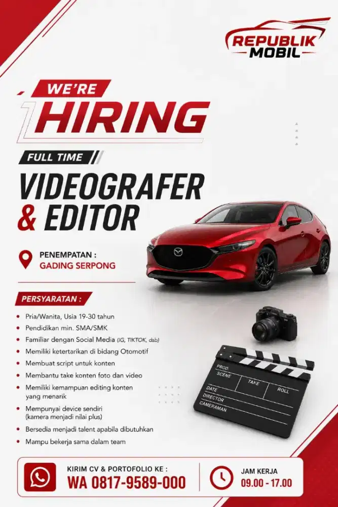 DIBUTUHKAN SEGERA Full Time Videografer & Editor