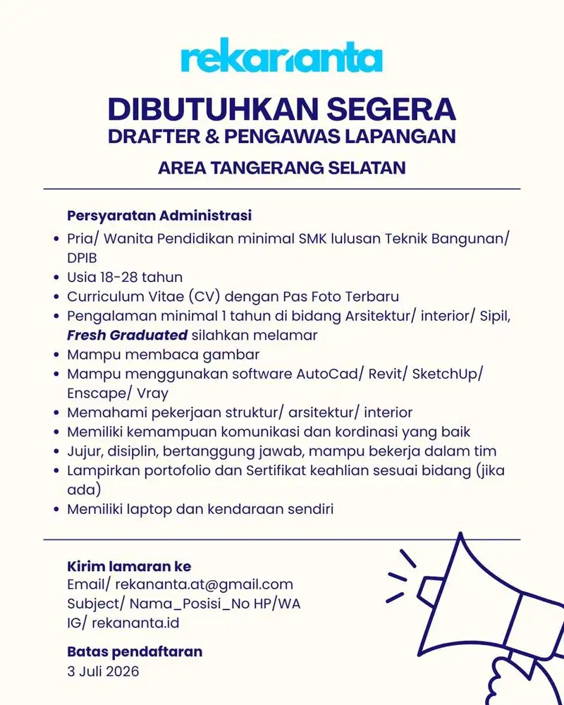 DIBUTUHKAN SEGERA DRAFTER & PENGAWAS LAPANGAN AREA TANGERANG SELATAN