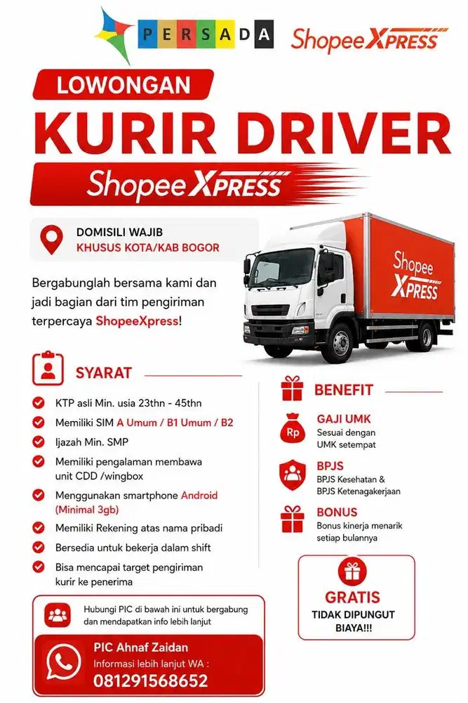 LOWONGAN KERJA KURIR DRIVER SHOPEEXPRESS AREA BOGOR