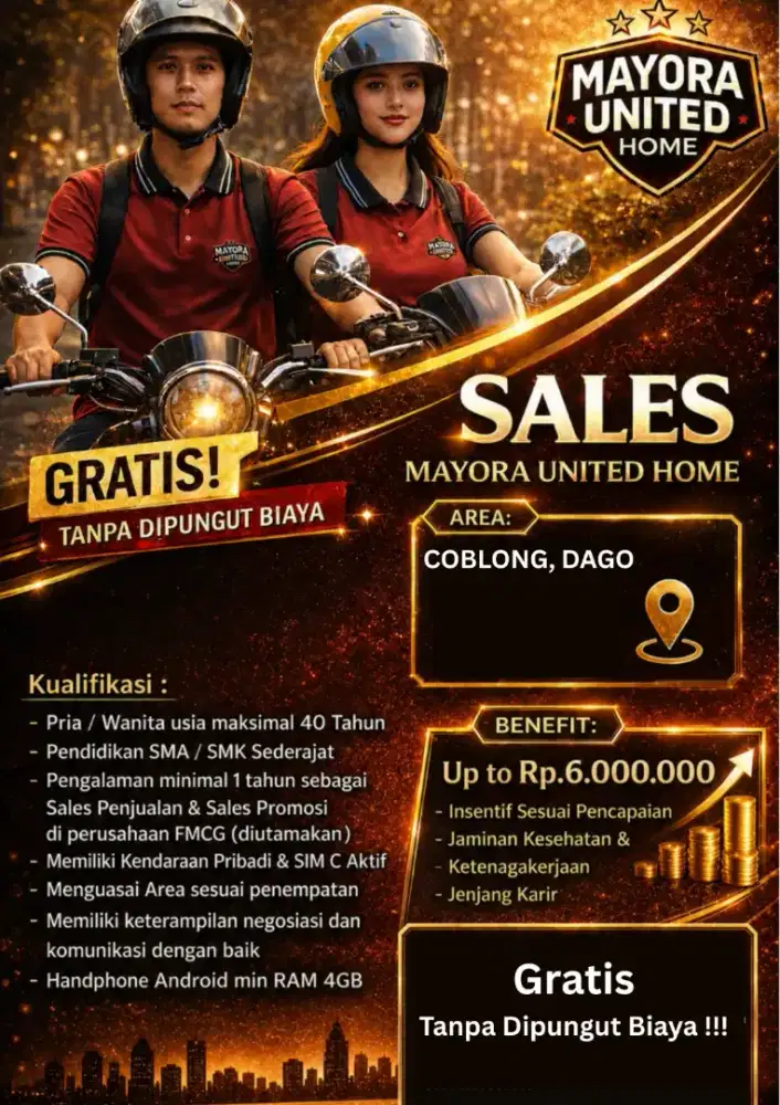 Dibuka Lowongan Kerja Sales Motoris Mayora United Home