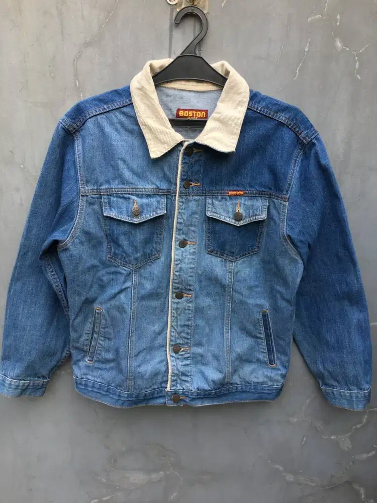 Jaket Denim Boston Jeans Vintage Kerah Corduroy Biru M 55x65 9/10