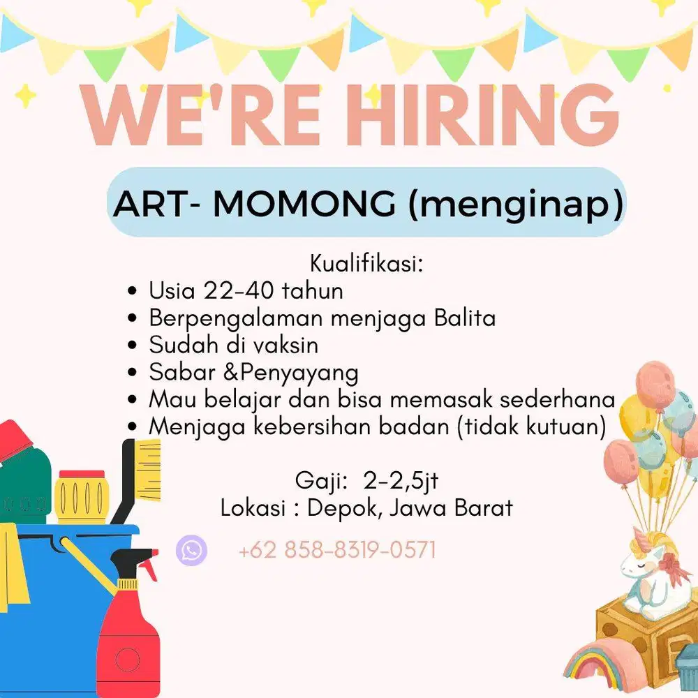 Lowongan Kerja ART - Momong anak Menginap / Pulang Pergi