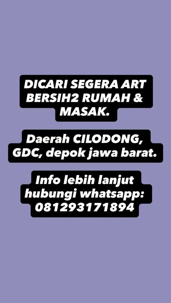 DICARI ART BERSIH2 rumah & MASAK