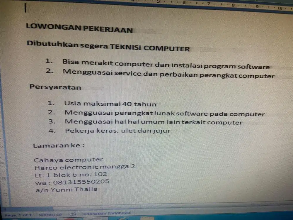 Lowongan pekerjaan Teknisi Computer berpengalaman