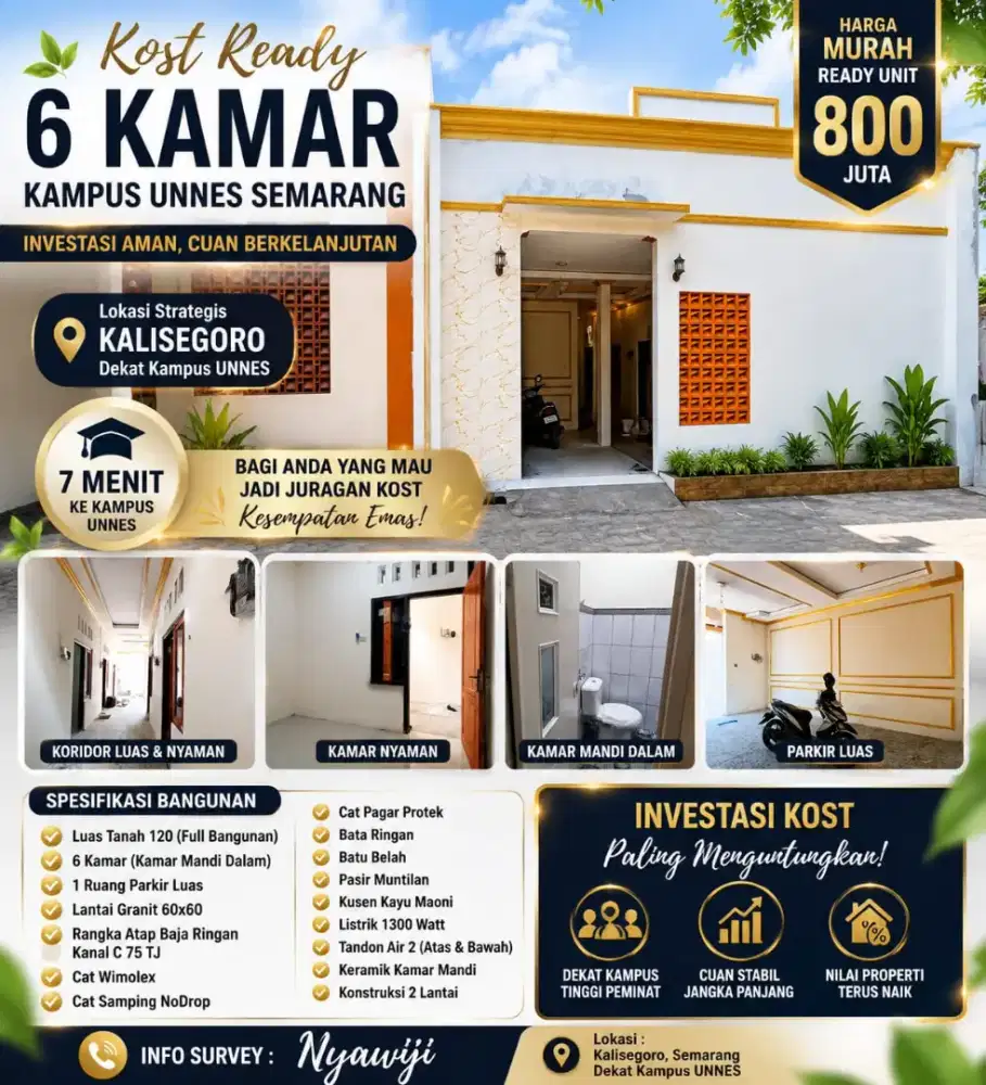 Ready unit kost 6kamar di Unnes Semarang SHM siap AJB