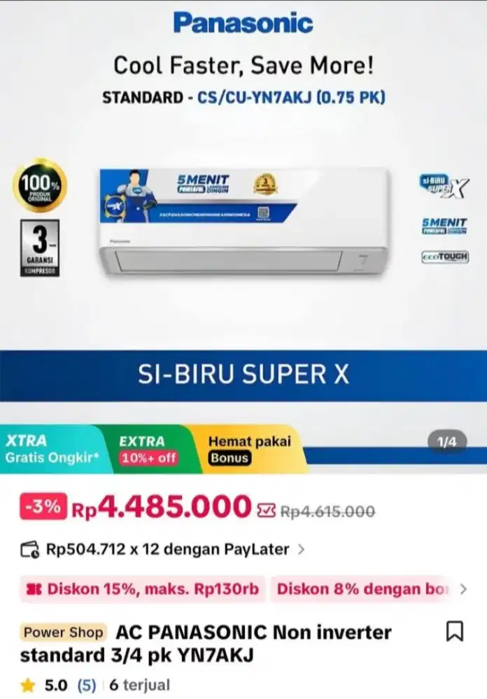 AC Panasonic 3/4 pk R32 si biru anti karat